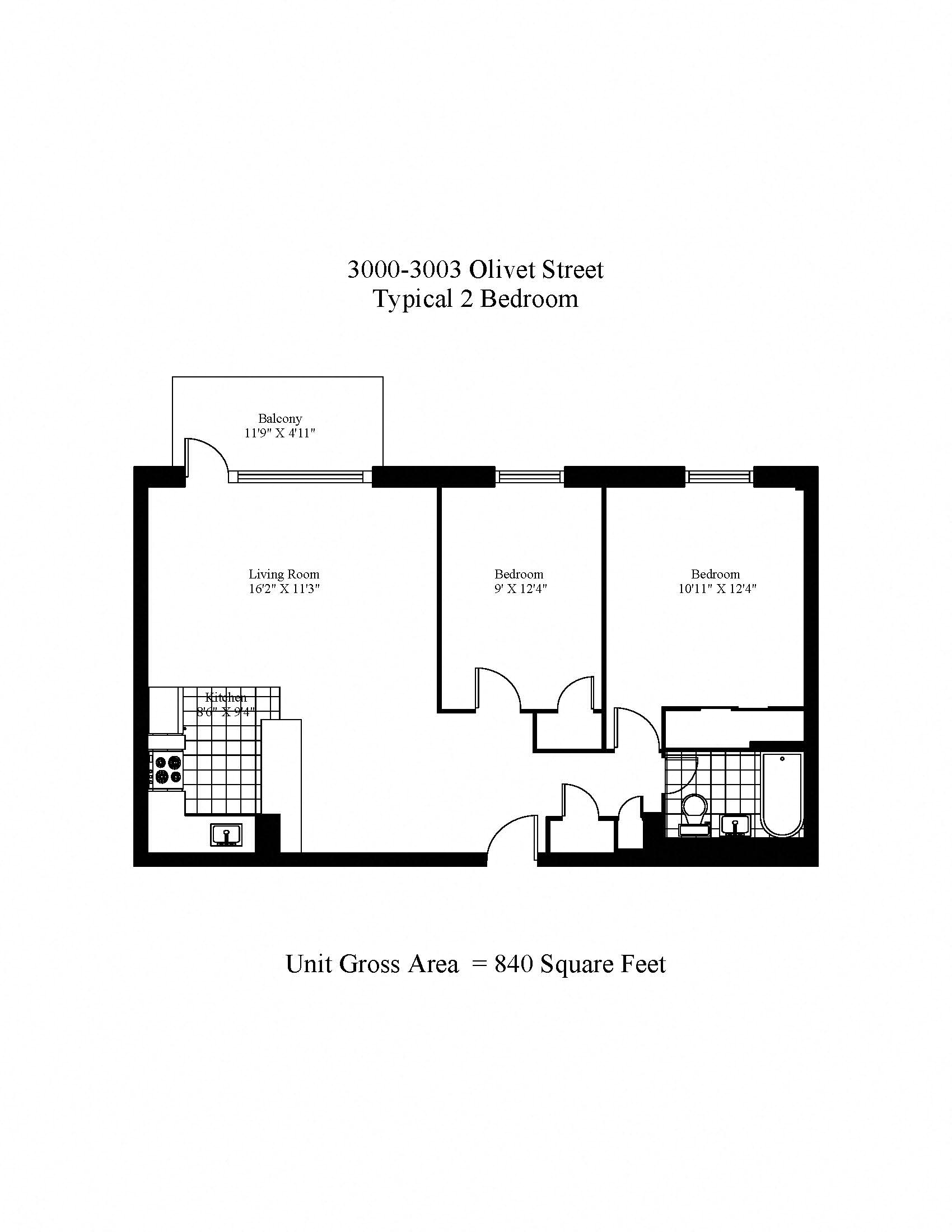Floor plan for 2 beds, 1 bath, 840 sqft